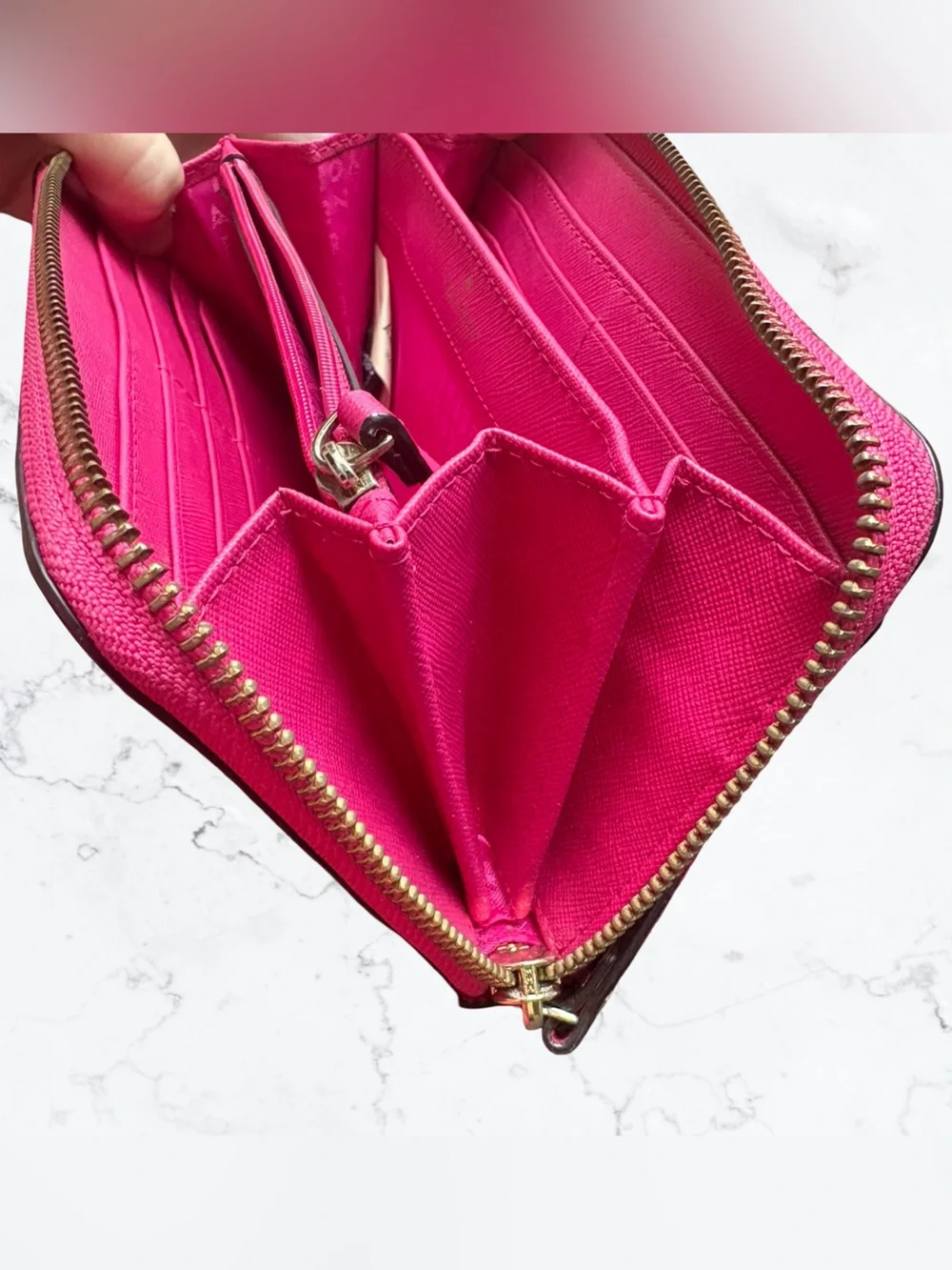 kate spade Hot Pink Zip-Around Saffiano Wallet with Gold Logo
